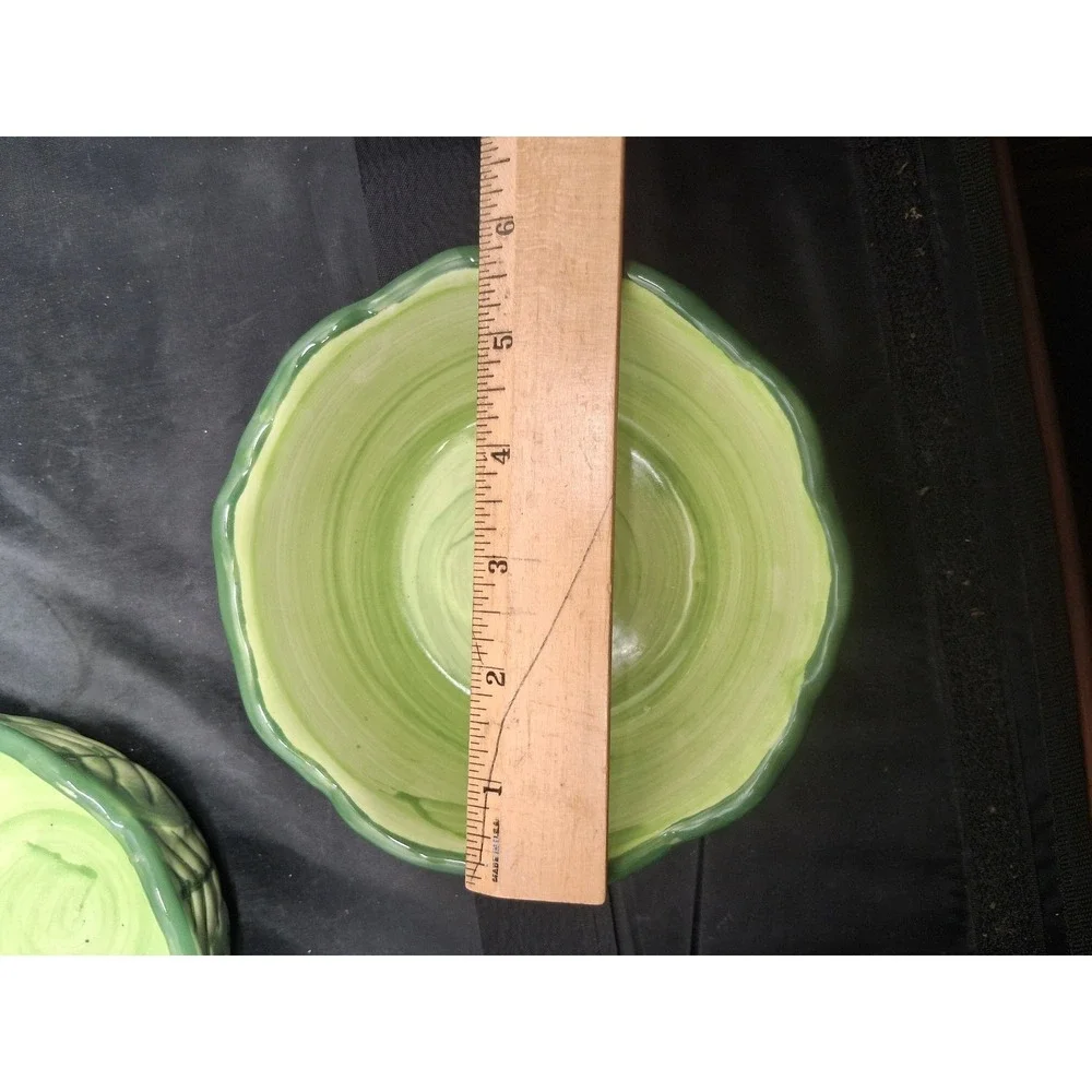 Set of 2 Ceramic Cabbage Leaf Bowls Green Scalloped Rim Hand Painted Bowls